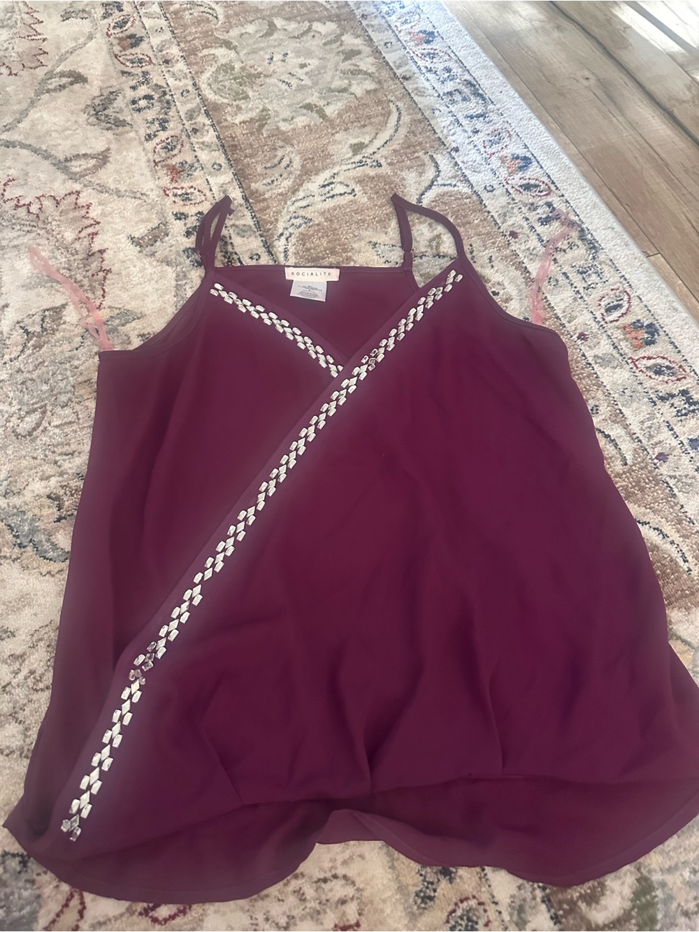 Socialite Tank Top, Burgundy, V neck, spaghetti adjustable straps, Size Small